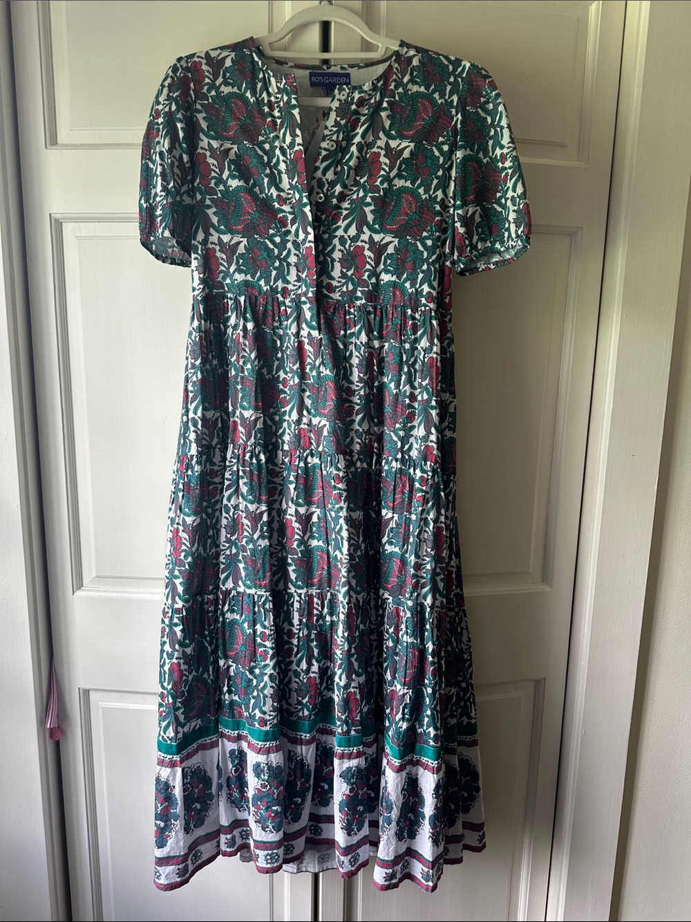 Ro’s Garden Green, Pink & White Floral Tiered Midi Dress fully lined in cotton.